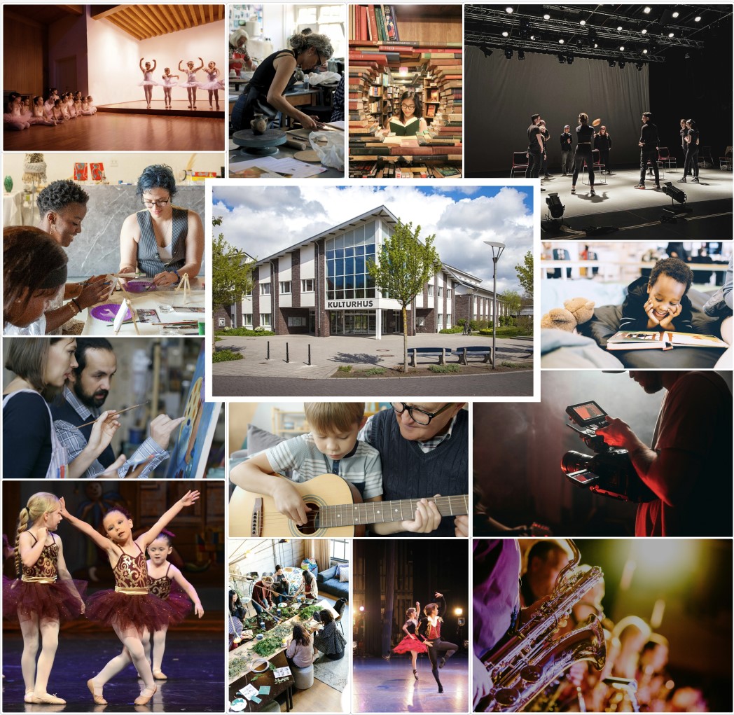 Moodboard för Borgesund Kulturhus med bilder som visar kultur, skapande, scenkonst och målgrupp