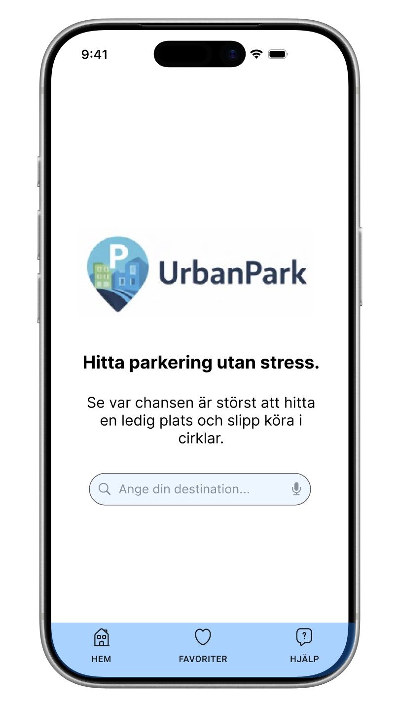 UrbanPark mobil prototyp med sökfält och navigation