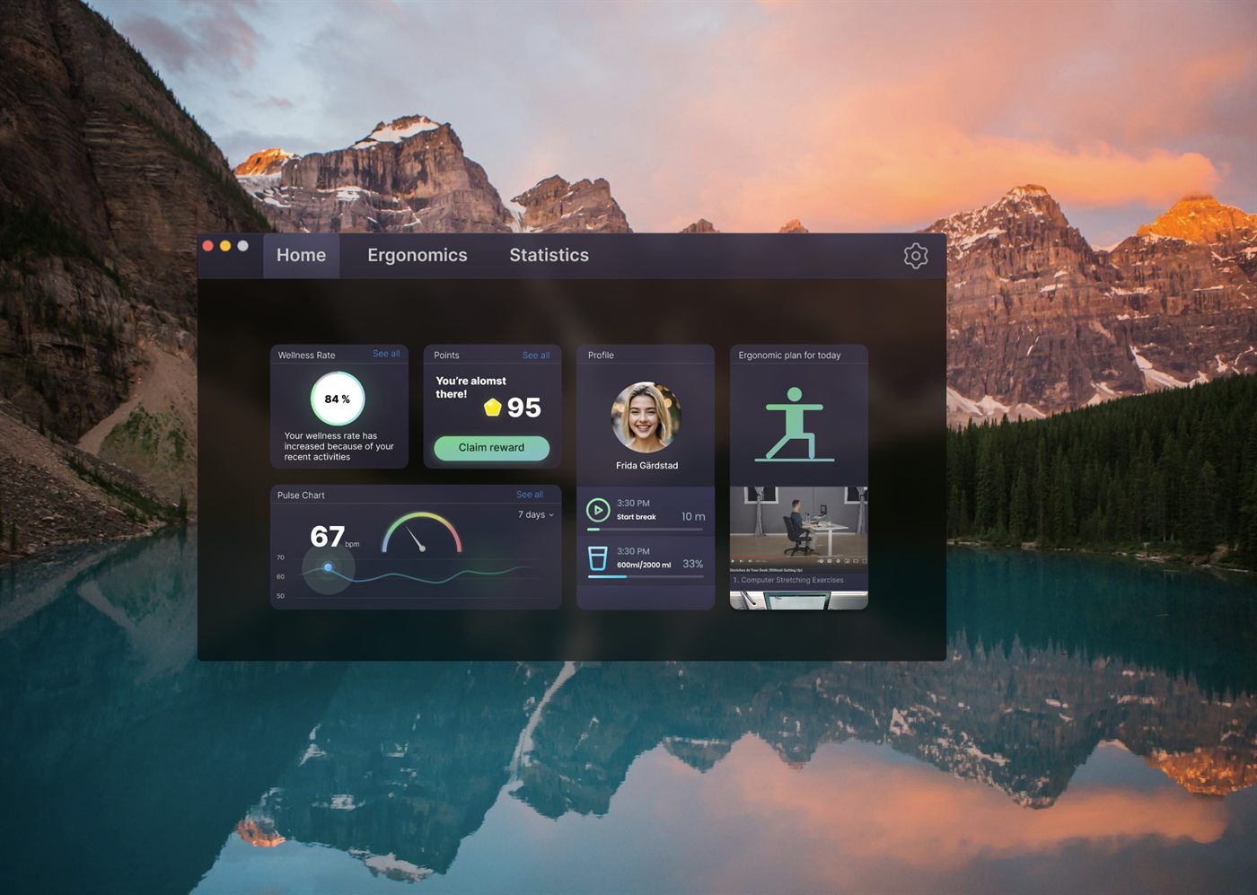 WorkWell dashboardprototyp med hälsostatistik och ergonomikort