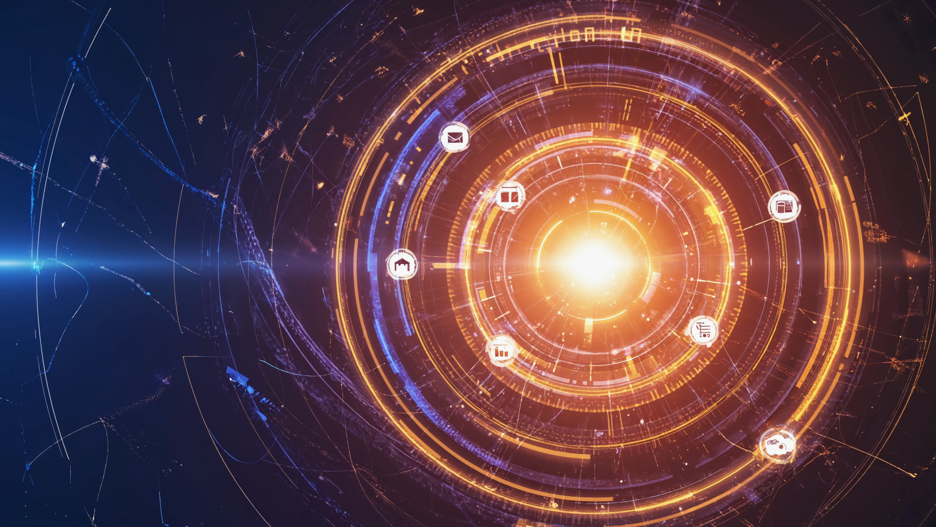 Futuristisk datavisualisering med glödande koncentriska ringar och ikoner för kommunikation och hem.