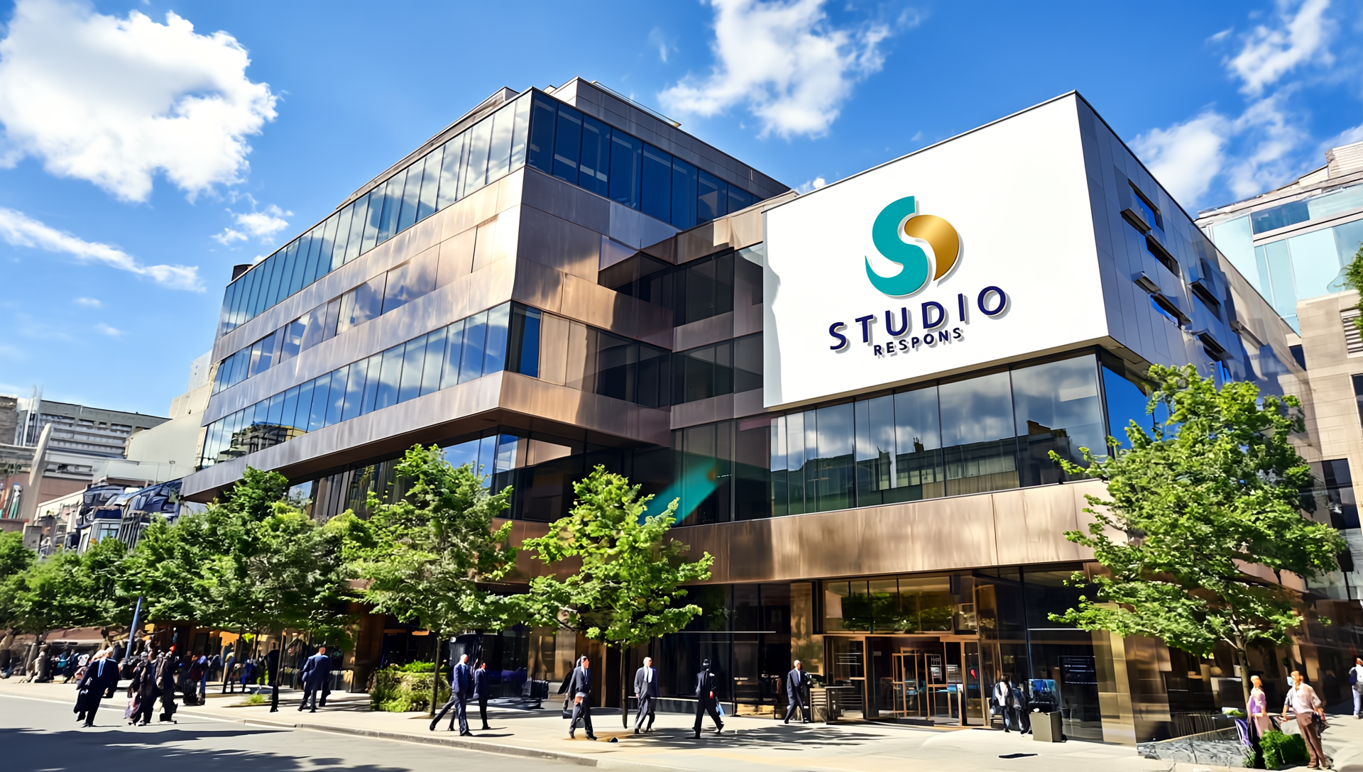 Exteriör av Studio Respons kontorsbyggnad, en modern glasbyggnad med byråns logotyp synlig på fasaden.