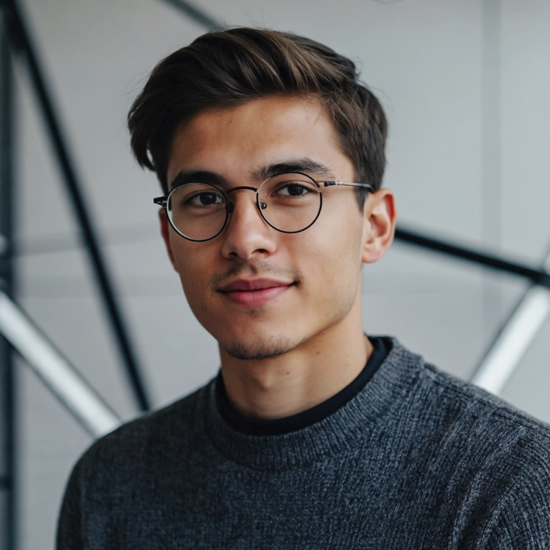 Porträtt av Lukas, Senior Fullstack-utvecklare på Studio Respons, bär glasögon och en grå tröja.